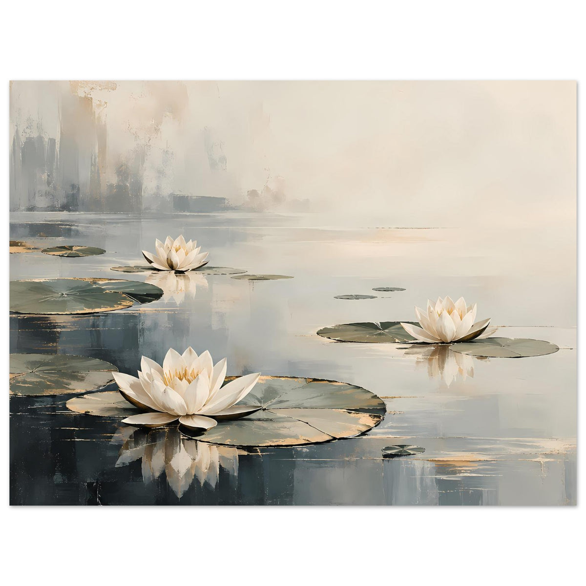 Poster mit Seerosen auf ruhigem Wasser, cremefarbene Blüten, blaugrau reflektierende Flächen