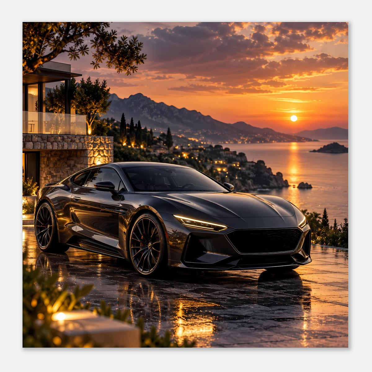 Quadratisches Poster mit dunklem Sportwagen bei Sonnenuntergang am Wasser, warmes Farbspiel