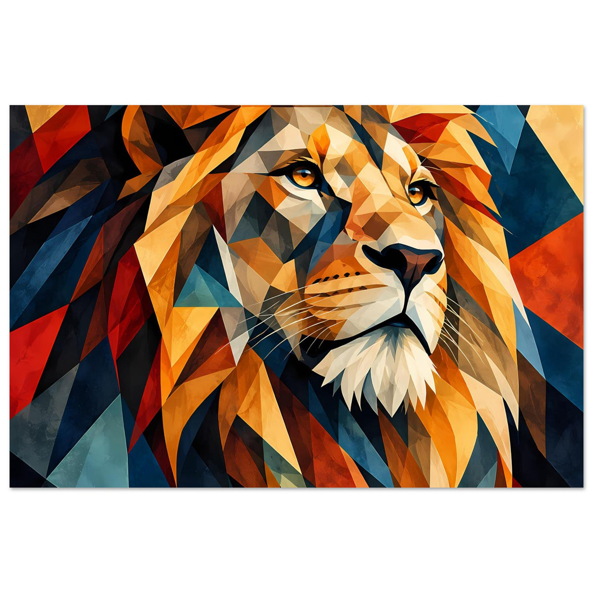 Geometrisches Löwenposter, naher Löwenkopf mit gelb-orangener Mähne und blauem Hintergrund