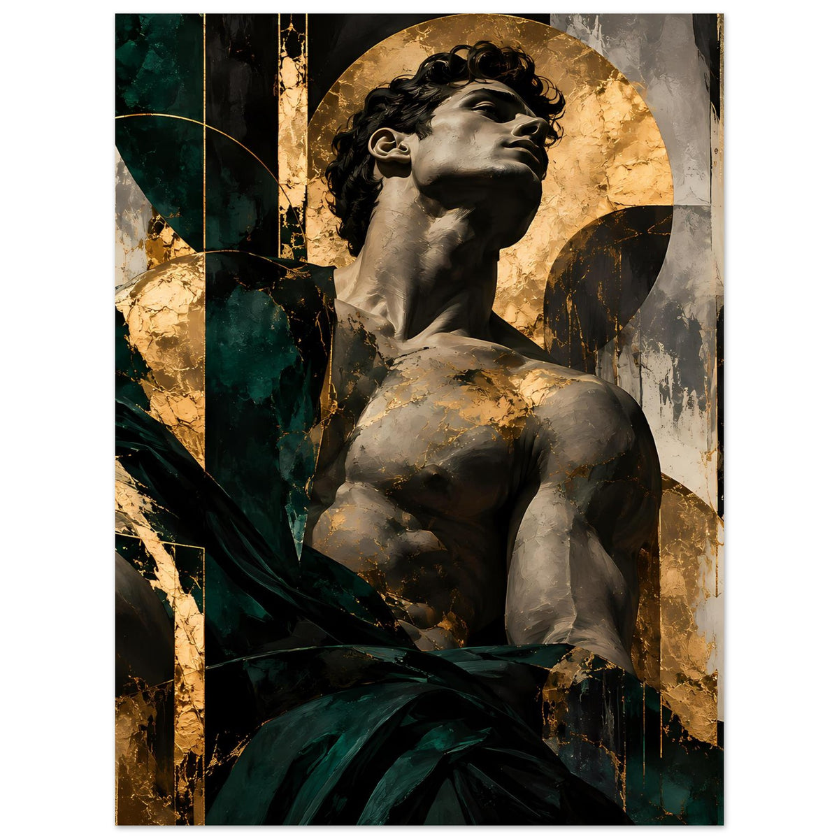 Kunstposter mit barocker Statue, dunkelgrüner Stoffbahn und goldener Rundoptik