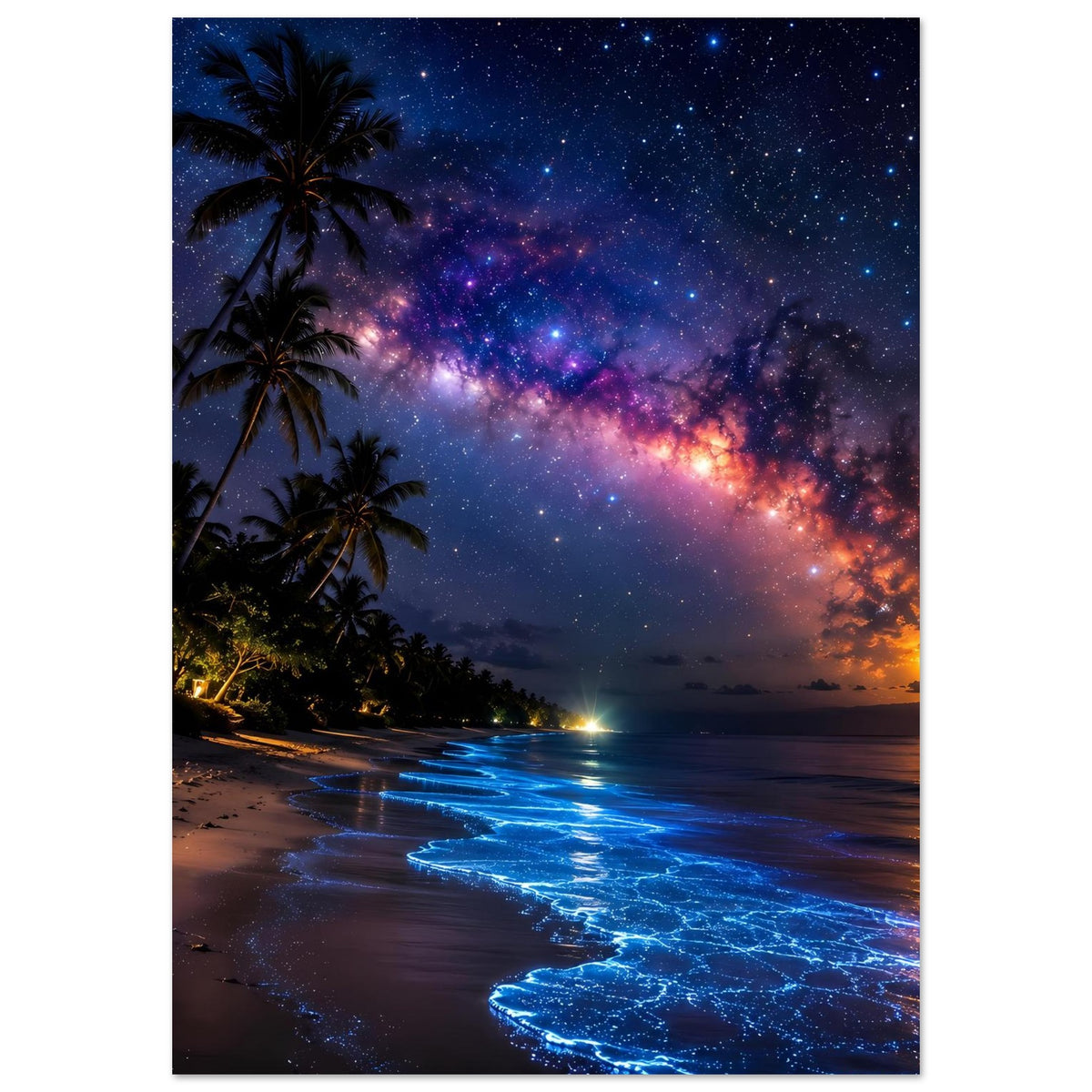 Vertikales Poster: Sternenhimmel mit Milchstraße über dem Meer und Palmengen am Strand