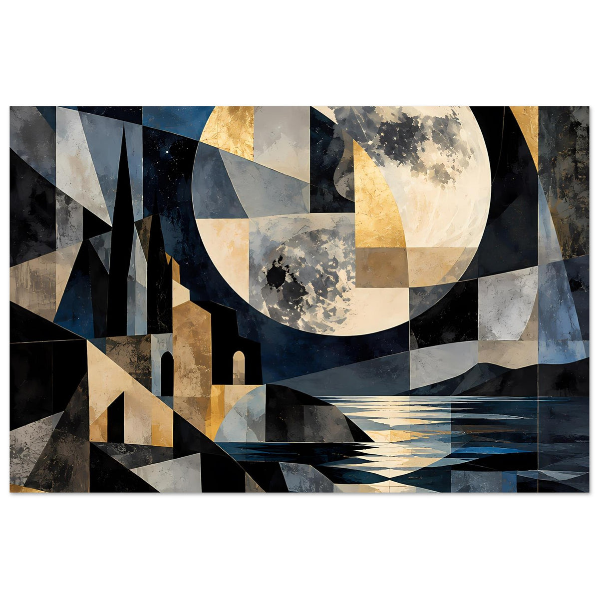 Geometrisches Landschafts-Poster mit Mondsichel, Wasserspiegelung und Burgsilhouette in Blau und Gold