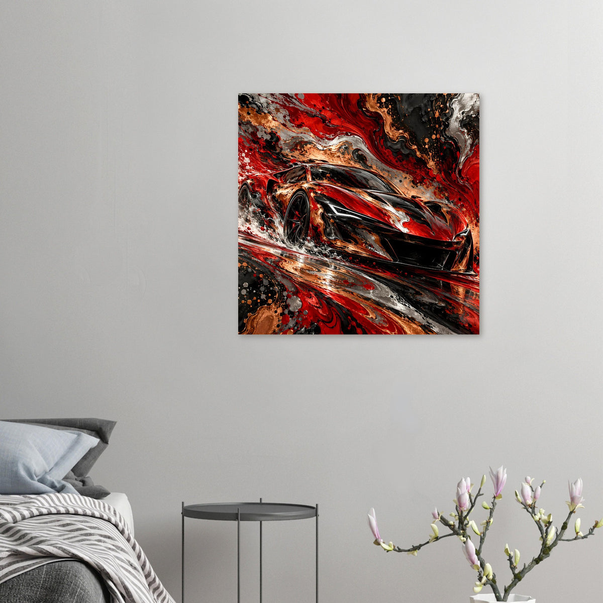 Kleines Kunstdruck-Poster mit abstraktem Sportwagen, Rot/Schwarz und Spritzdekor, im Detail