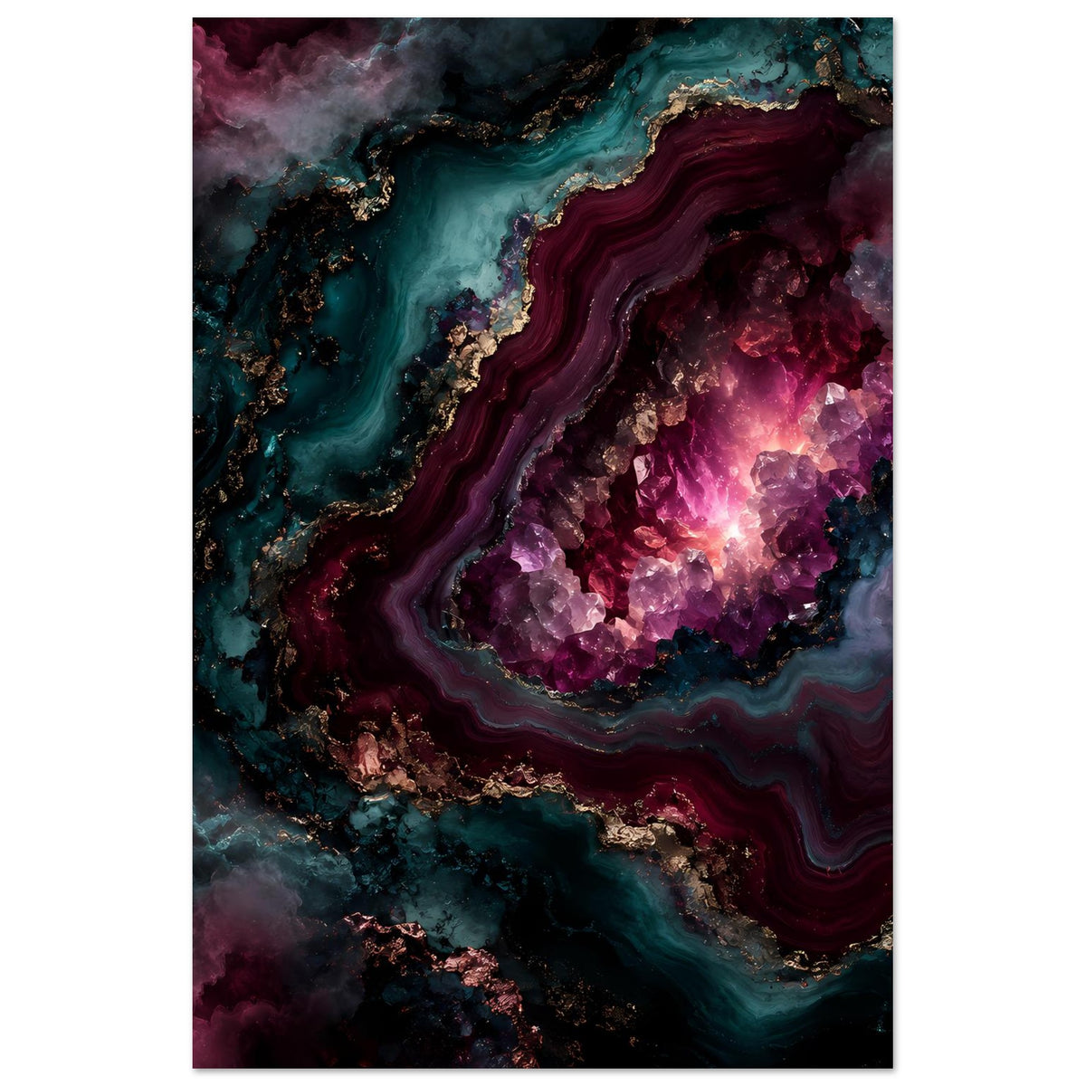 Kunstposter im Hochformat mit Amethyst-Geode-Motiv in Lila, Türkis und Goldadern