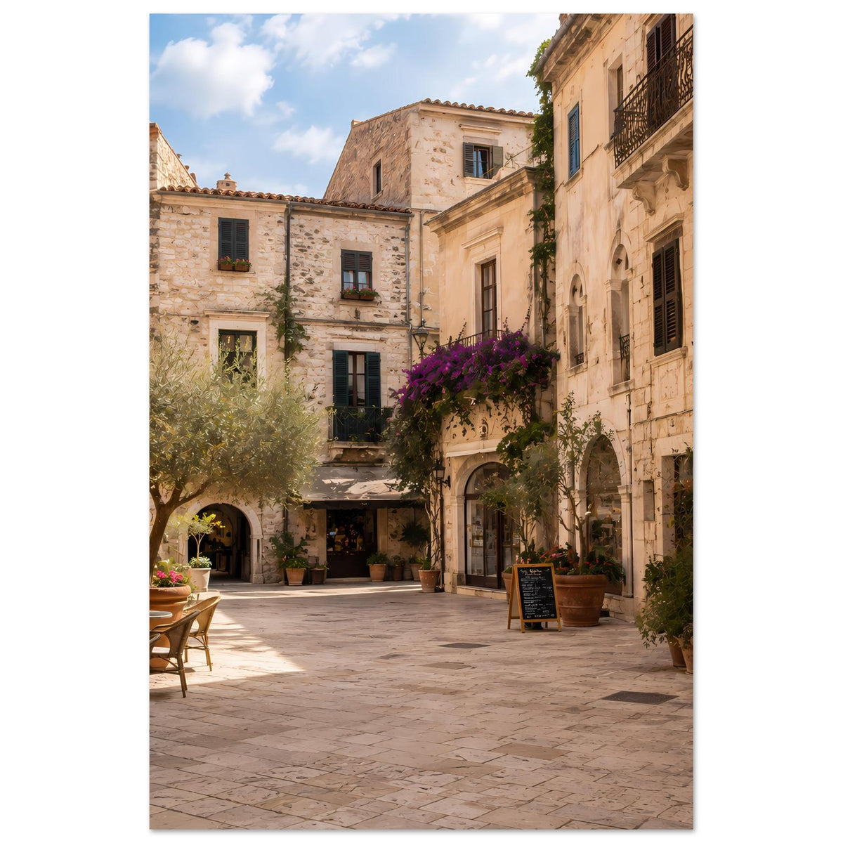 Vertikales Wandposter: mediterrane Altstadtgasse mit Steinbauten, Torbogen und Lila Blüten