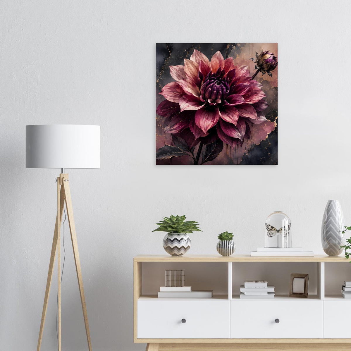 Quadratisches Blumenposter mit lila Dahlie und violett-roten Blütenblättern, gerahmt