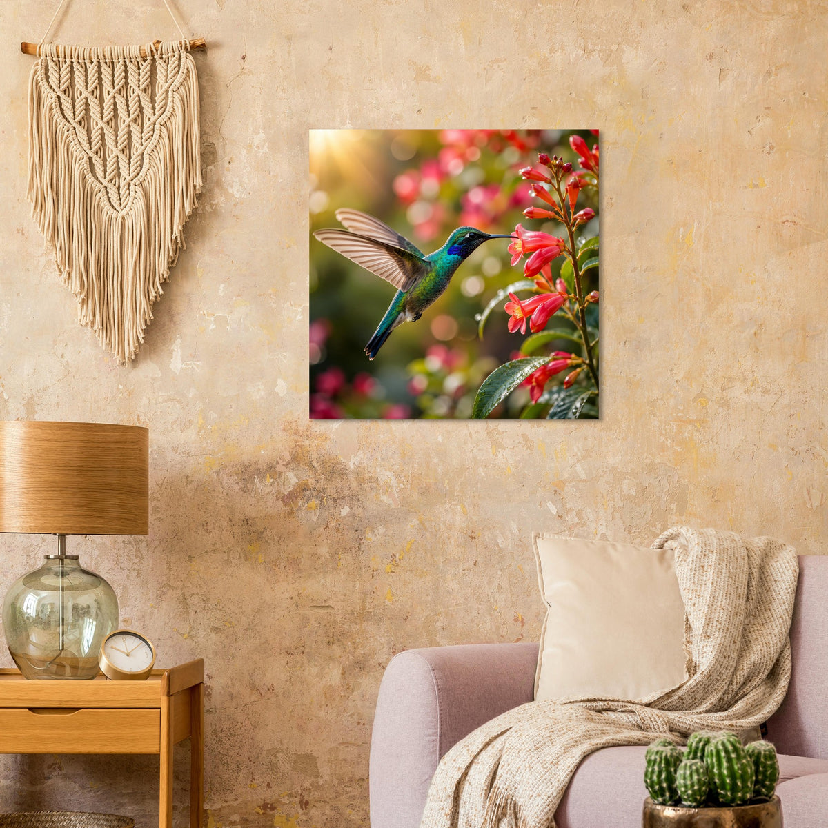 Quadratisches Poster mit farbigem Kolibri und roten Blüten am Ast