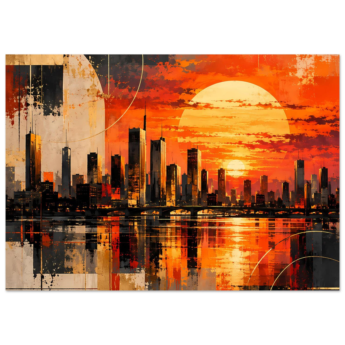 Poster mit abstrakter Stadtsilhouette, orangefarbenem Sonnenuntergang und Kreis-/Bogen-Elementen