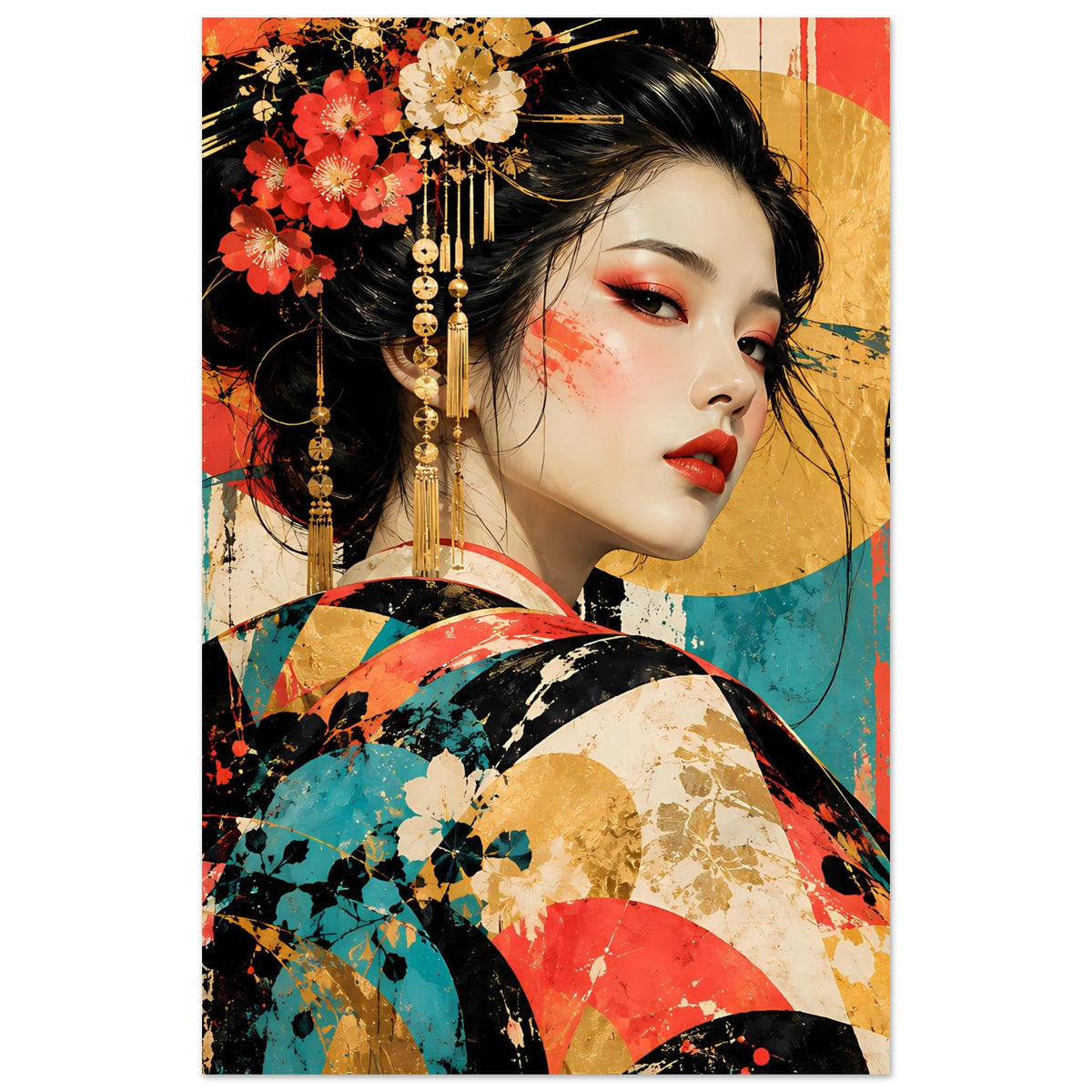 Kunstposter im Hochformat mit Geisha-Gesicht, rotem Lippenstift, Blumenarrangements und abstrakten Formen