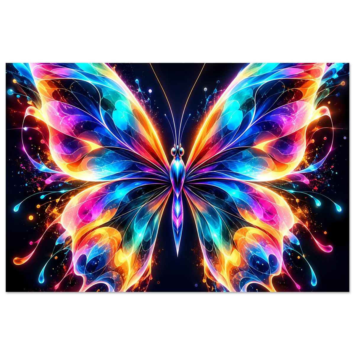 Neon-Schmetterlingsposter im Querformat, leuchtende Flügel mit orange, blau und pinken Akzenten.