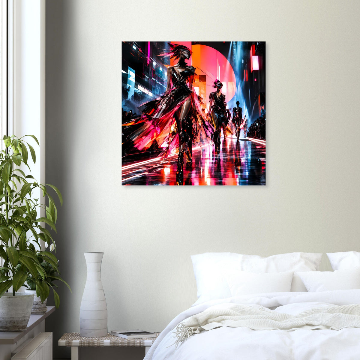 Quadratischer Kunstdruck: Neon-Fashion mit Laufsteg-Silhouetten in Rot, Blau, Schwarz
