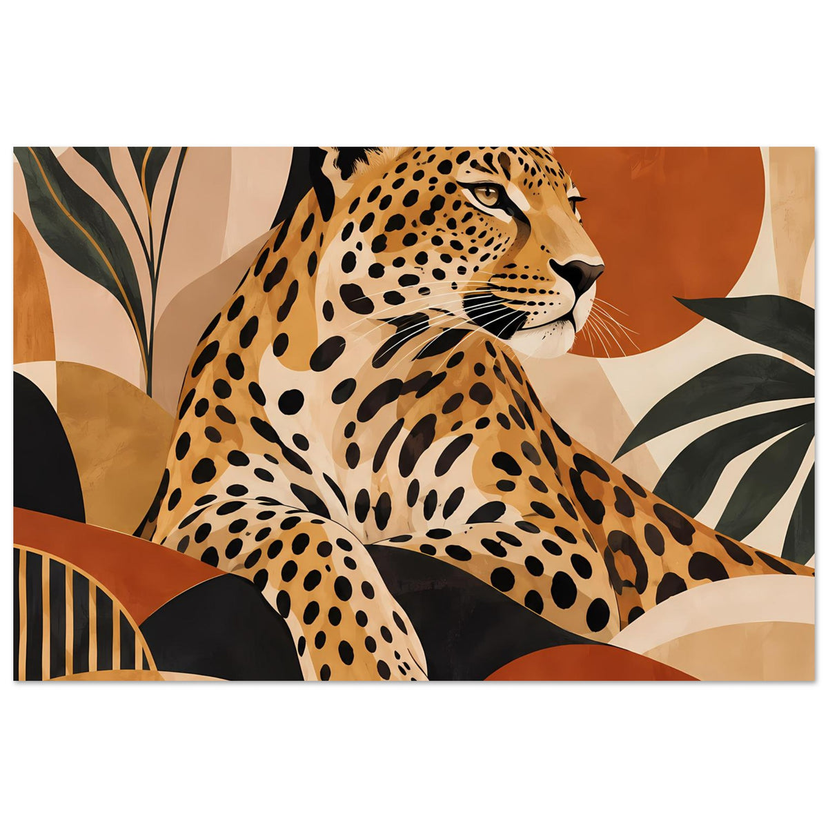 Leopard-Tierposter im Erdtöne-Design, braune Flecken, schwarze Konturen und abstrakte Kreise