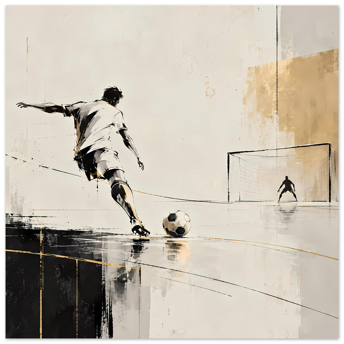 Querformatiges Fußballposter: Spieler in Weiß zieht nach vorn, Ball, Tor mit Torwart-Silhouette