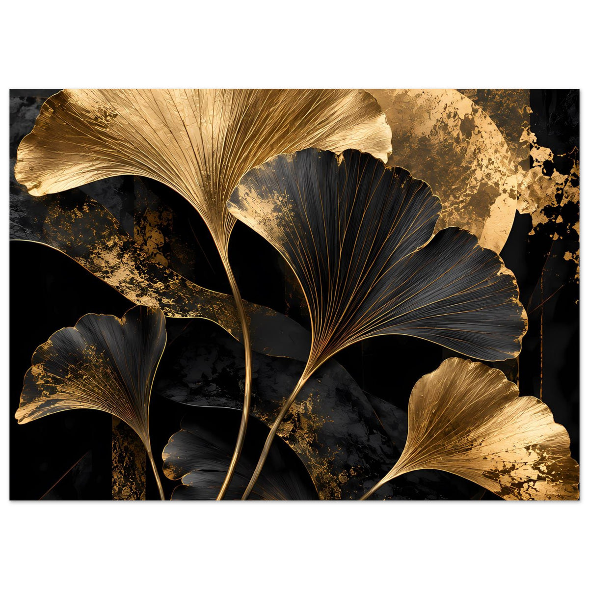 Botanisches Poster im Querformat mit goldenen und schwarzen Ginkgo-Blättern, dunkler Kontrast