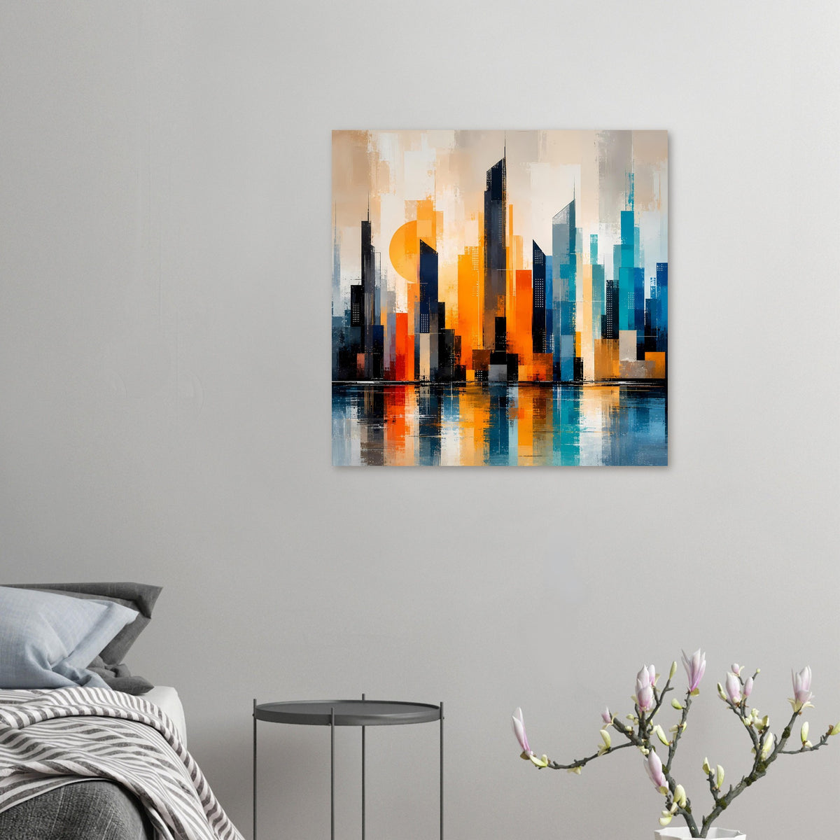 Abstraktes Stadtposter (klein) mit orange- und türkisfarbener Skyline und Wasserreflexen