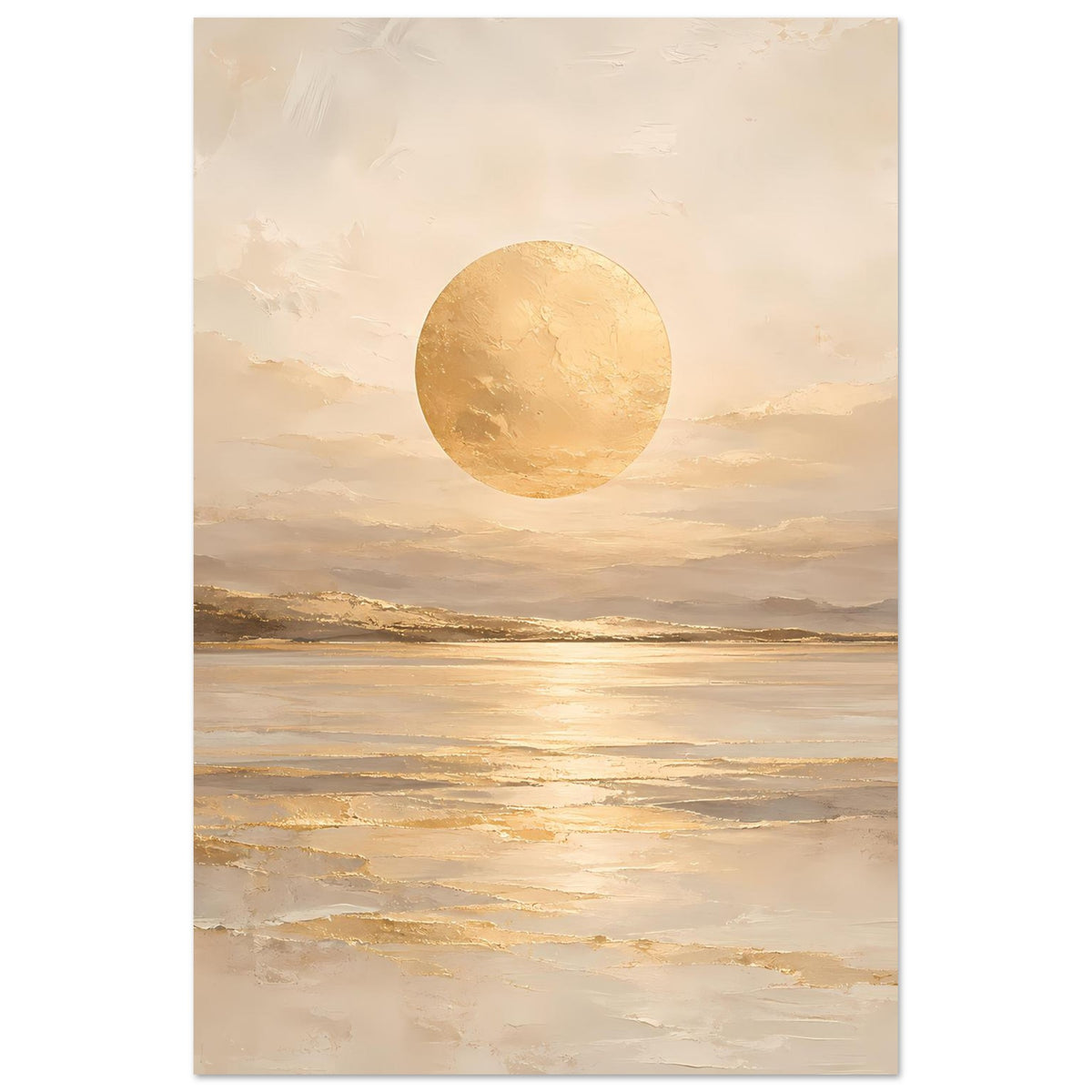 Kunstposter im Hochformat mit beigem Landschaftsbild, goldener Kreisform und ruhig wirkendem Wasser