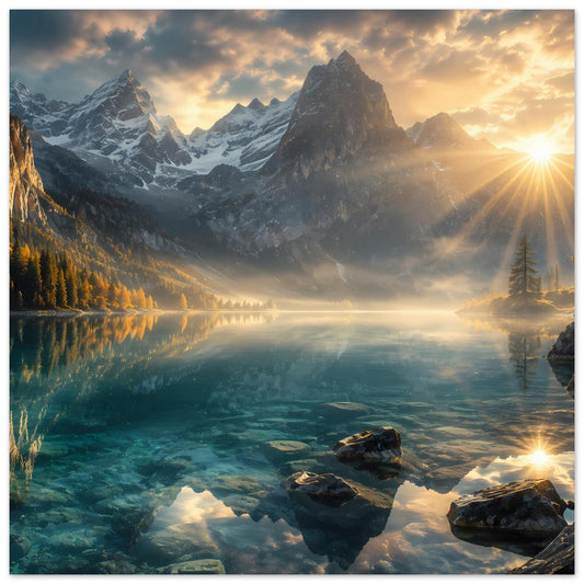 Quadratisches Wandposter mit Bergsee, Felsbrocken und Sonnenstrahlen am Morgenhimmel