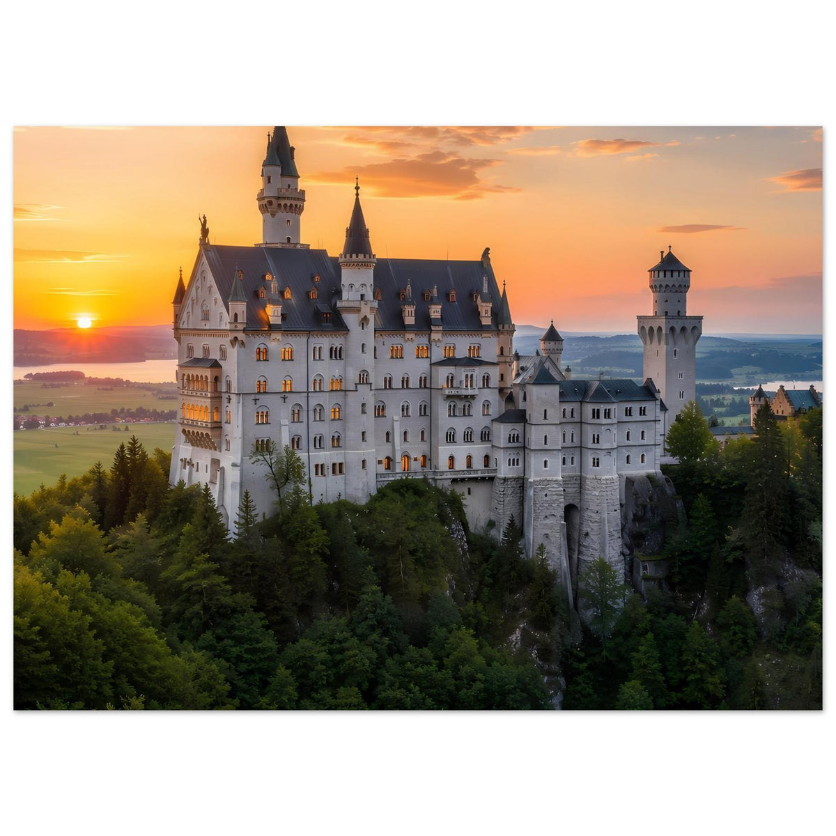 Poster mit weißem Schloss und Türmen im Sonnenuntergang, mit Sonne am Horizont