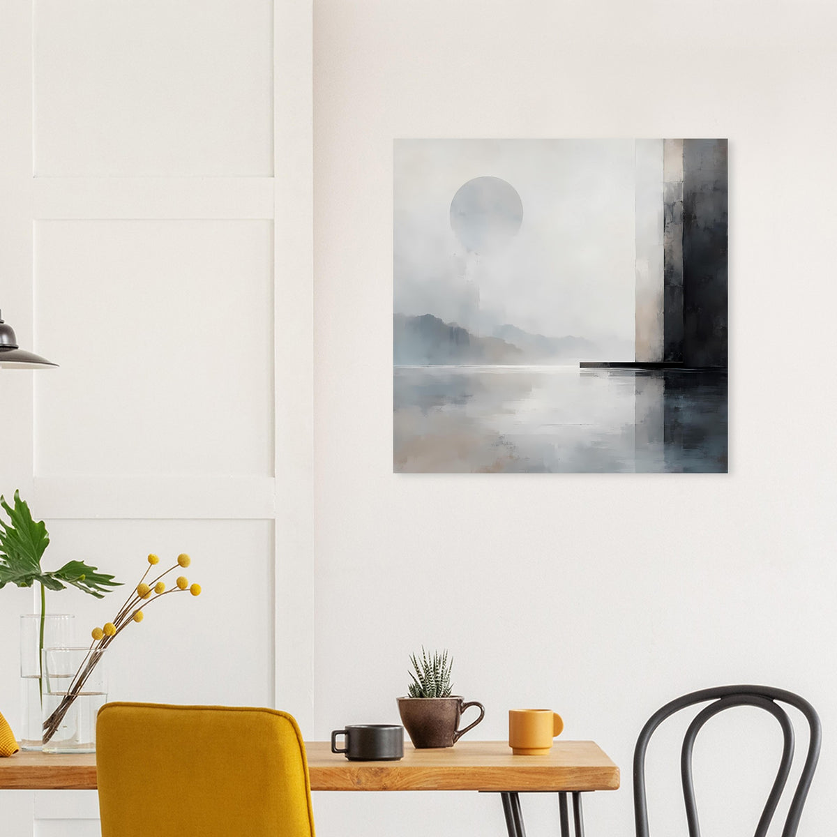 Abstraktes Poster im Quadratformat: grauer Himmel, ruhiger Horizont und dunkle Seitenkante
