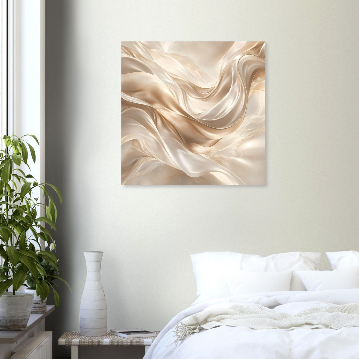 Quadratisches Kunstposter: cremefarbene, goldbraune Strudel im fließenden Stoff-Look