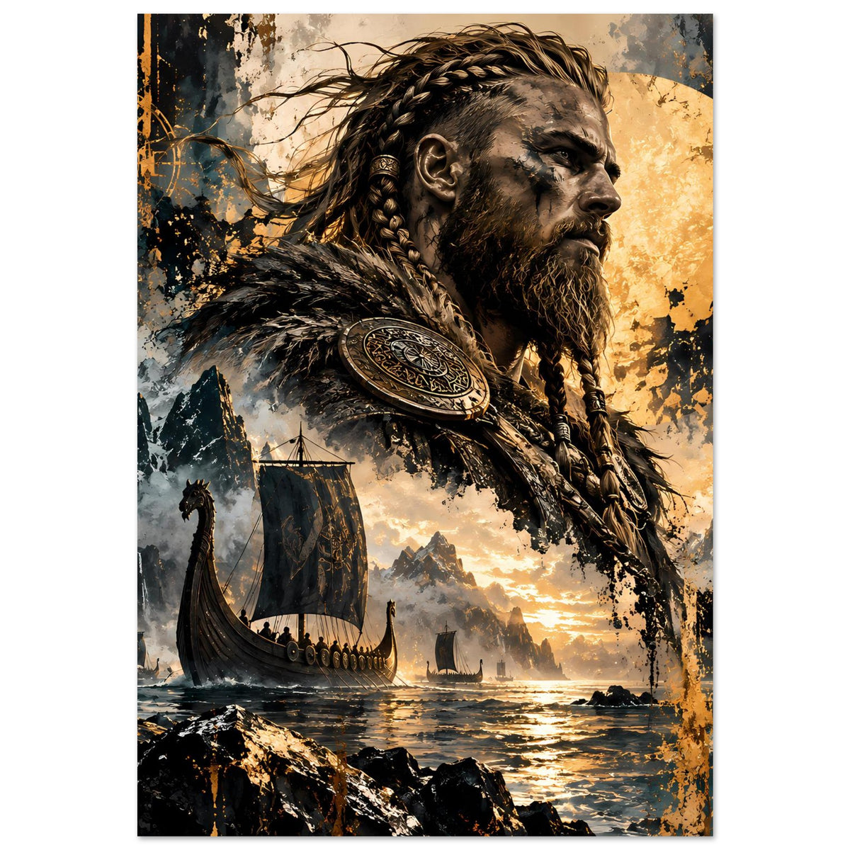 Wikingersoldaten-Poster: Krieger im Profil mit langem Bart und Zopf, Schild und Boot am Strand