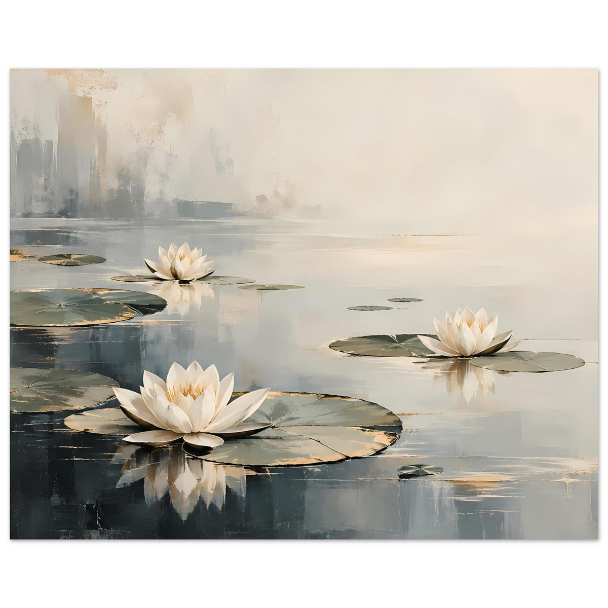 Seerosen-Poster mit weißen Blüten und weichen Wasserreflexen in neutralen Farbtönen