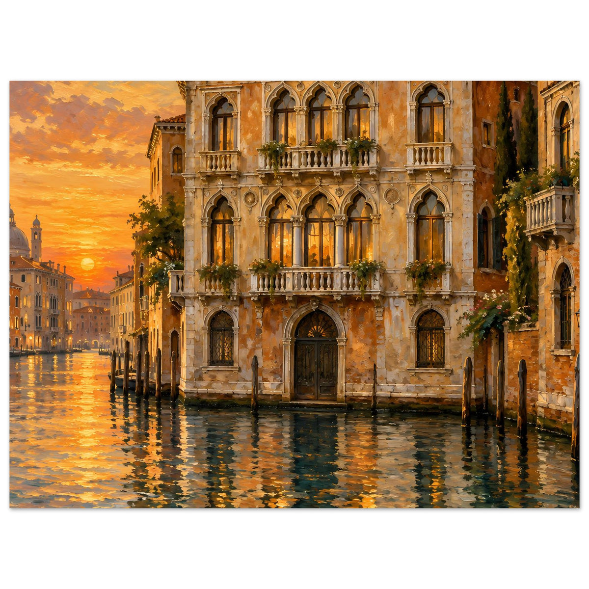 Wandposter mit venezianischer Architektur und Sonnenuntergangslicht über dem Wasser