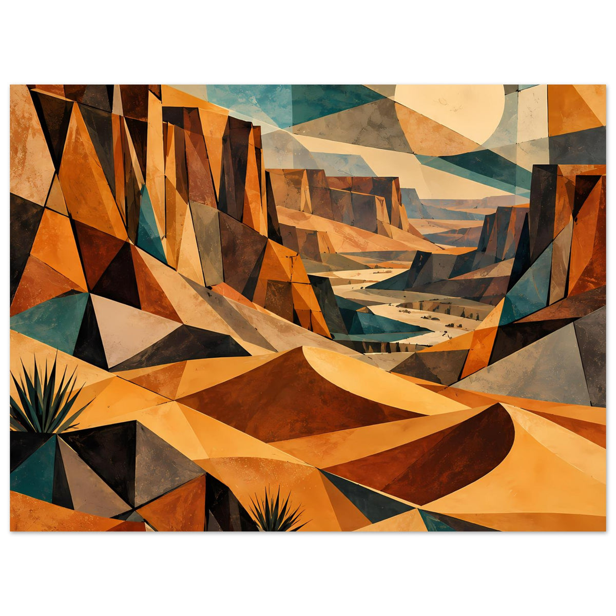 Poster im Panorama-Look mit geometrischer Wüstenlandschaft: Kreis-Sonne, Polygonformationen