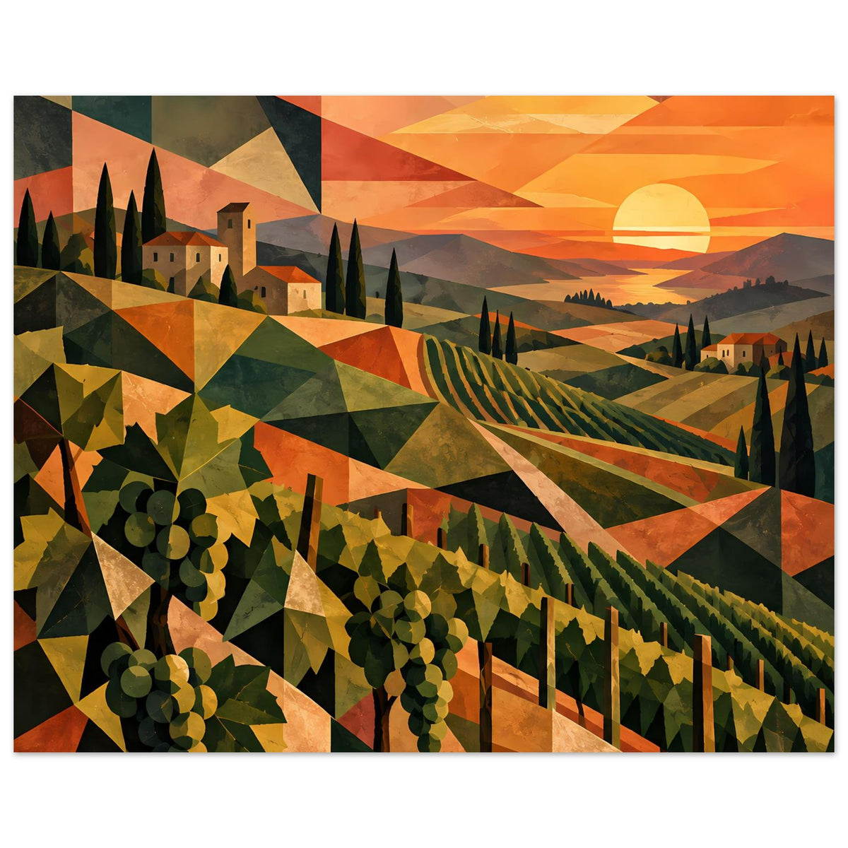 Gerahmtes Poster mit geometrischem Weinberg und großer Sonne am Horizont, Panoramaansicht