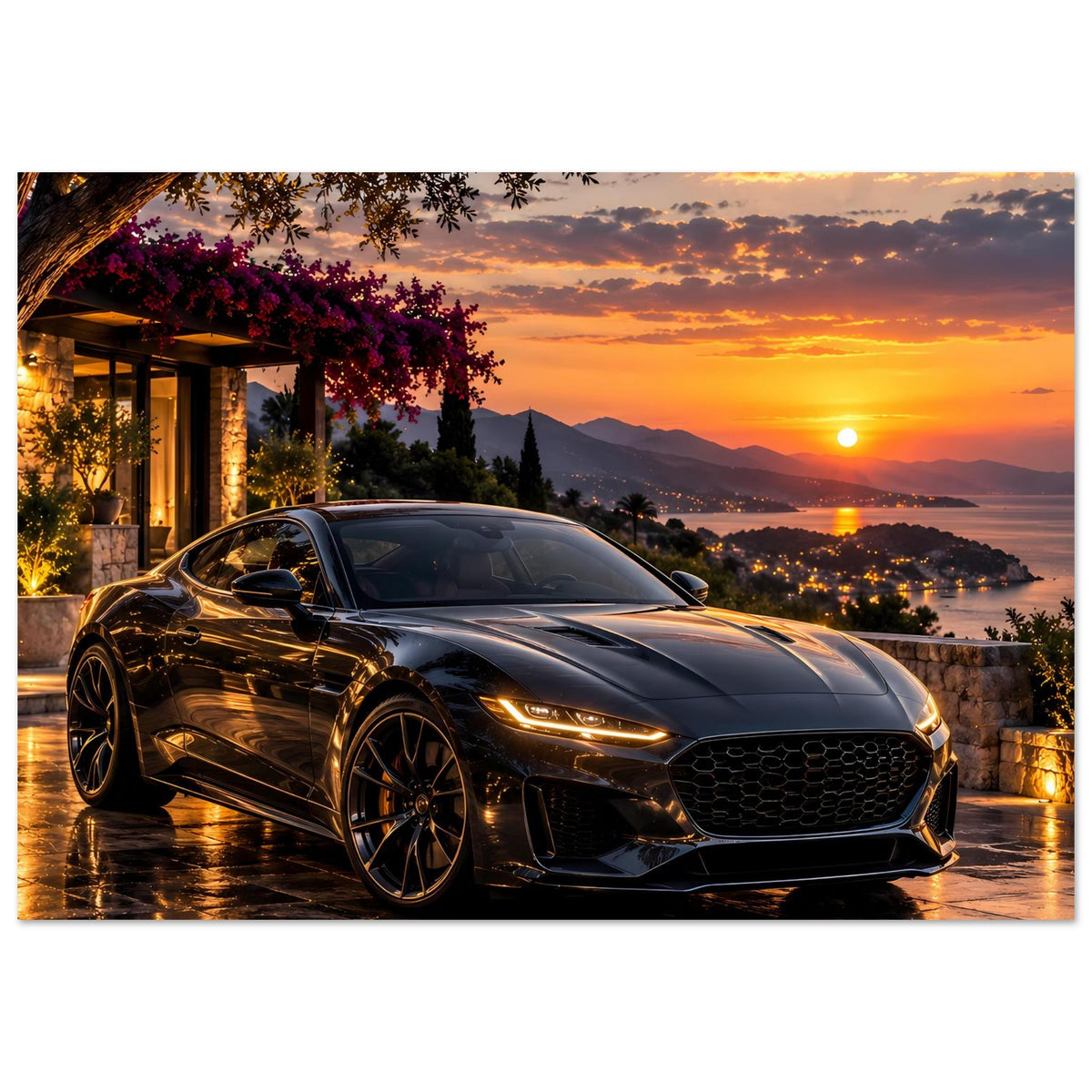 Poster mit schwarzem Sportwagen am Sonnenuntergang, Blick schräg vorn mit Lichtspuren