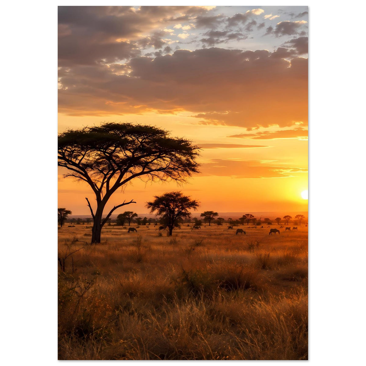 Hochformat-Landschaftsposter mit Akazienbaum in der Savanne beim Sonnenuntergang