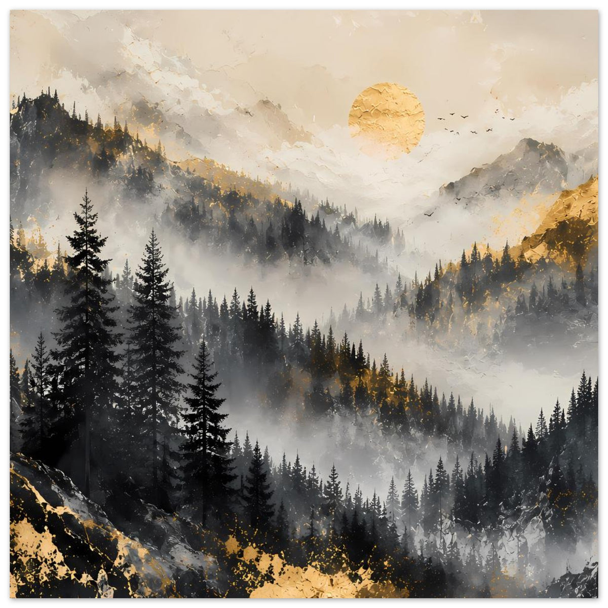 Poster mit felsigem Berghang, Tannenwald im Dunst und goldener Sonne