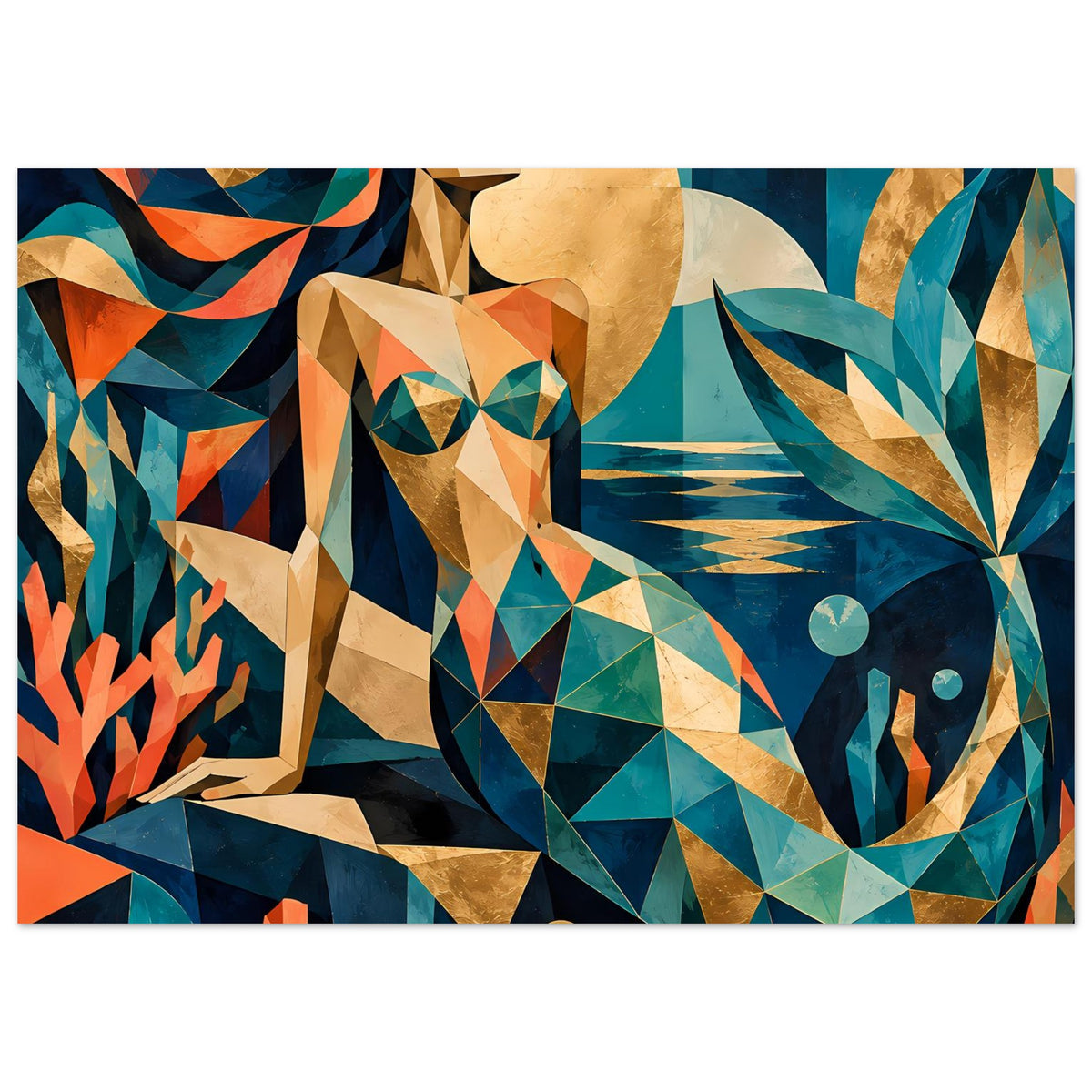 Ausschnitt: geometrische Meerjungfrau in Türkis und Koralle auf Kunstposter, Querformat