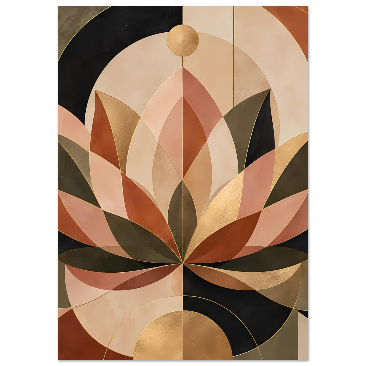 Poster mit geometrischer Lotusblüte in warmen Erdtönen und goldfarbener Aufhängung