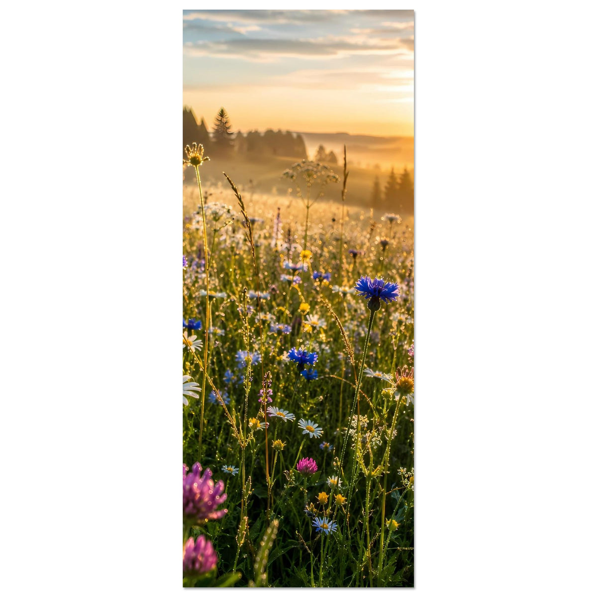 Blumenwiesenposter im Hochformat: Wildblumenfeld bei Sonnenaufgang