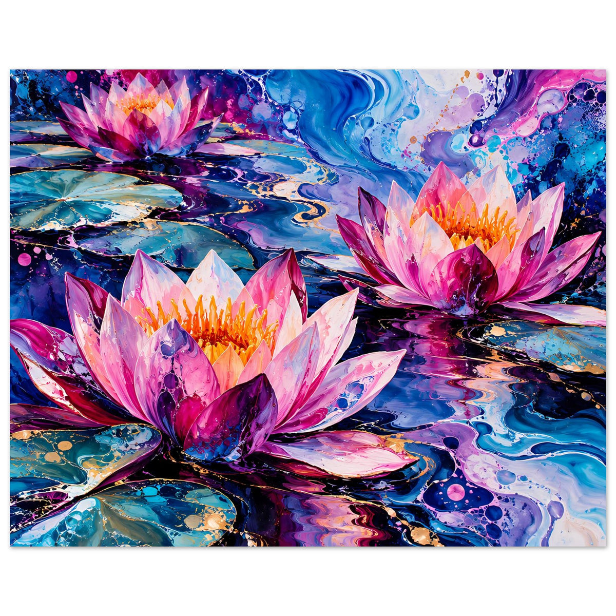Abstraktes Seerosen-Blumenposter mit drei Seerosen in Pink, Violett und Blau