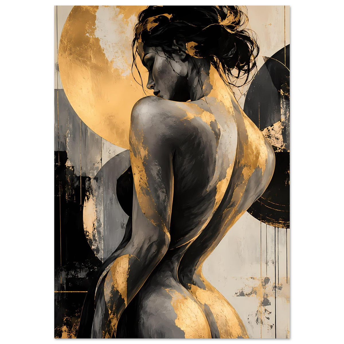 Abstraktes Poster mit Aktfigur in Schwarz und Gold, Hochformat