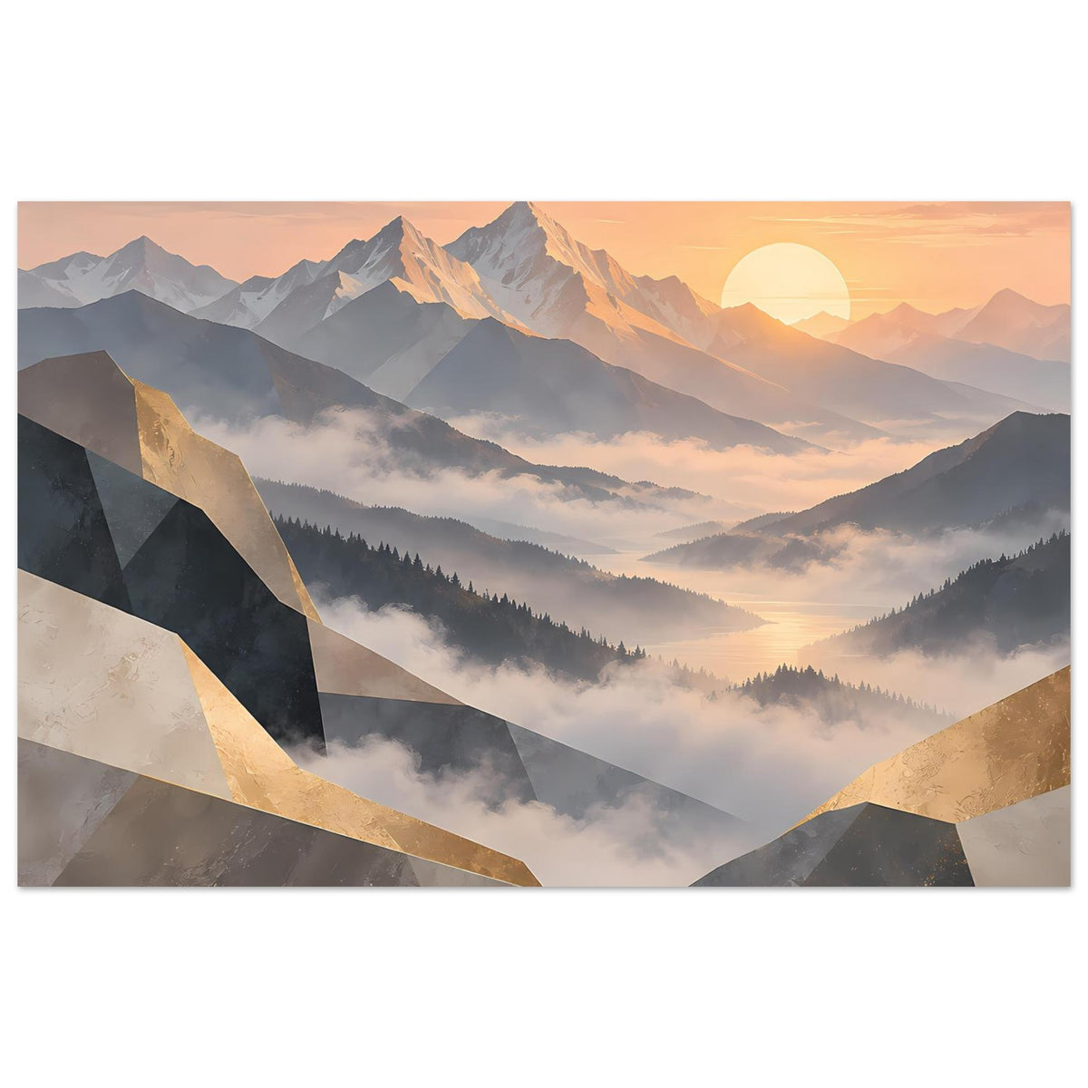 Poster im Querformat: Weitblick auf Berge mit Nebel, diagonale goldene Farbbänder