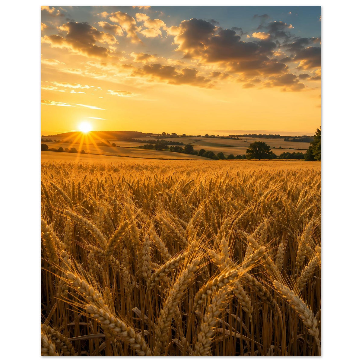Wandposter Landschaft mit Weizenfeld, Sonnenstrahlen und bewölktem Abend-/Morgenhimmel