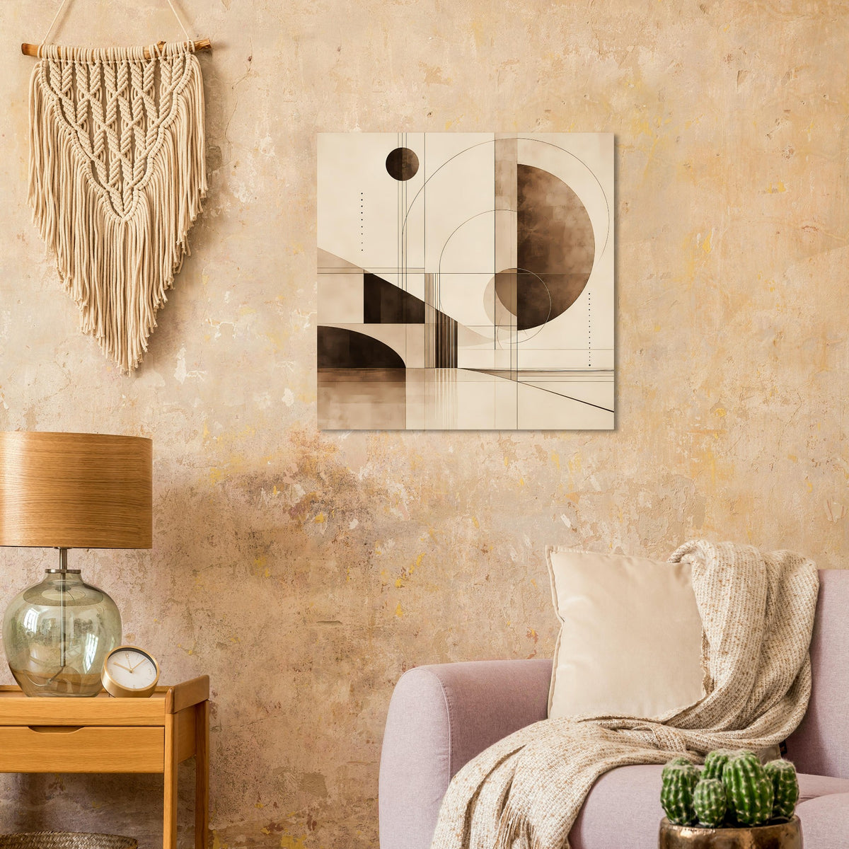 Abstrakter geometrischer Kunstdruck in Sepia-Tönen, rechteckig