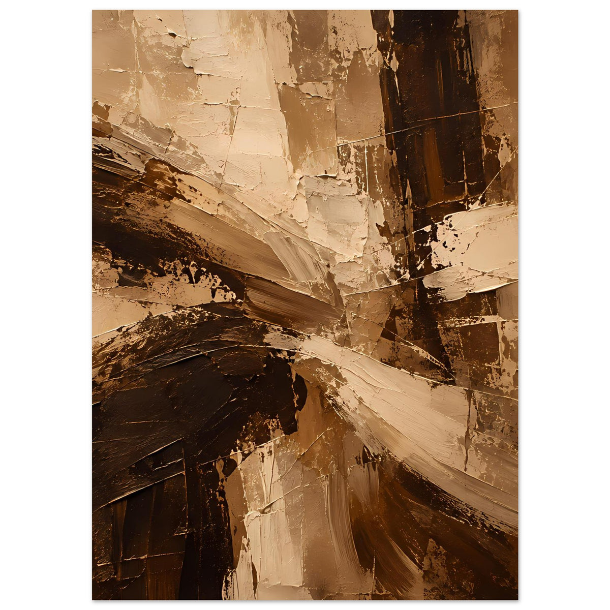 Abstraktes Poster im Hochformat: beige Pinselverlauf über dunklen braunen Farbflächen