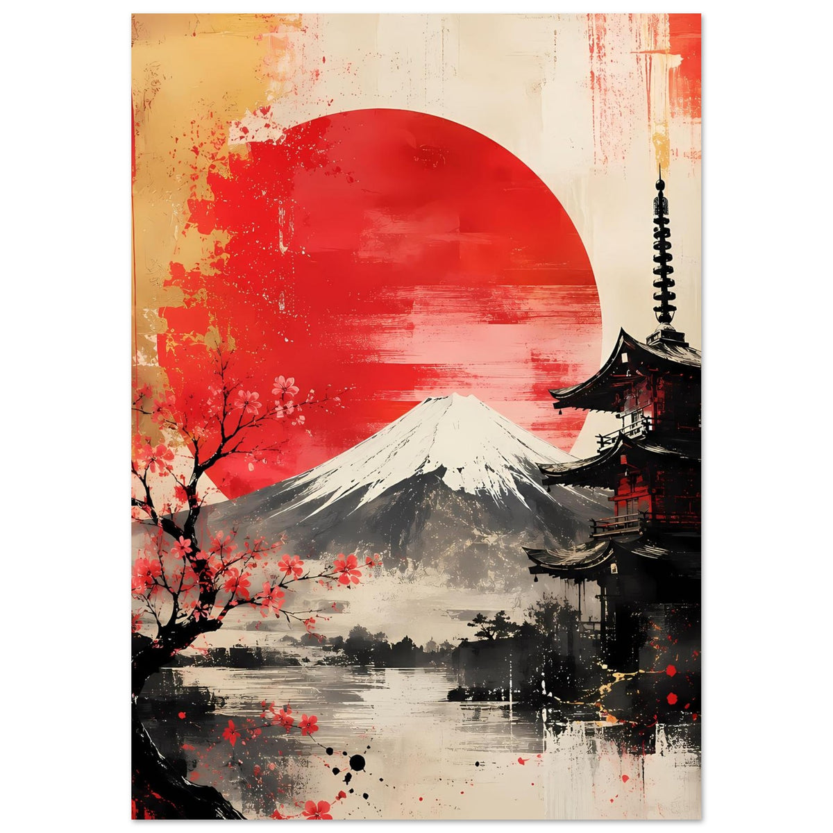 Hochkant-Poster mit roter Sonne über Fuji und Pagode rechts