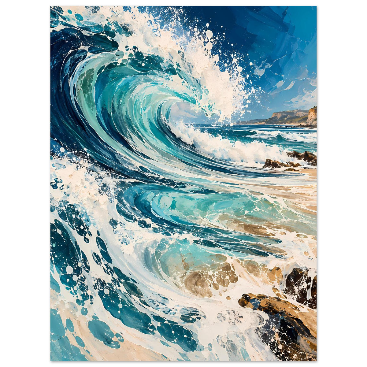 Meerwellen-Poster: türkis-blaue Welle mit schäumenden Spritzern, Strand und dunkle Felsen