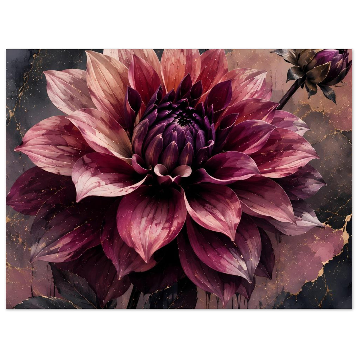 Blumenposter mit dunkelvioletter Dahlie und goldenen Adern, große Blütenblätter