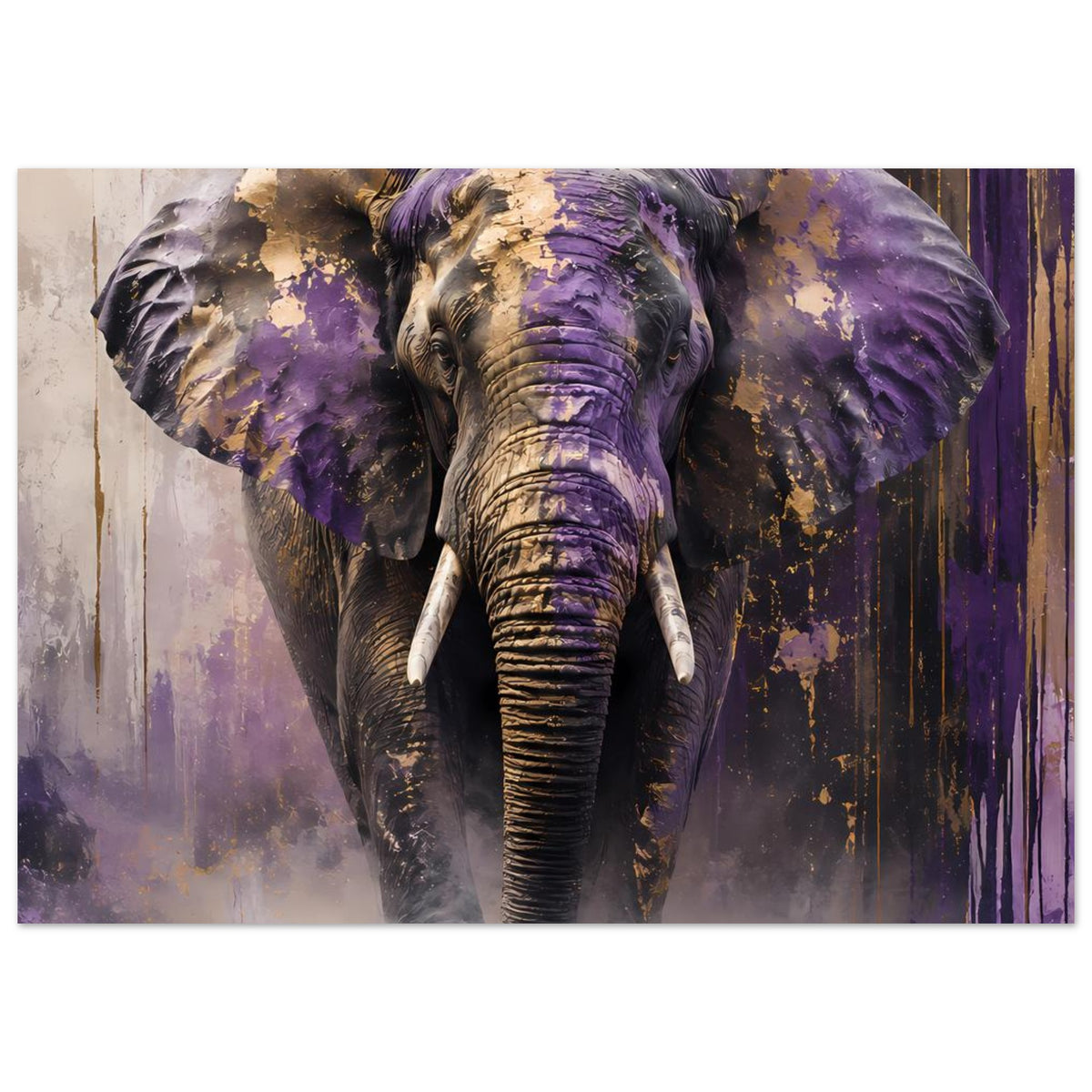 Abstraktes Elefantenposter mit violettem Glanz und goldenen Sprenkeln, frontal mit erhobenem Ohr