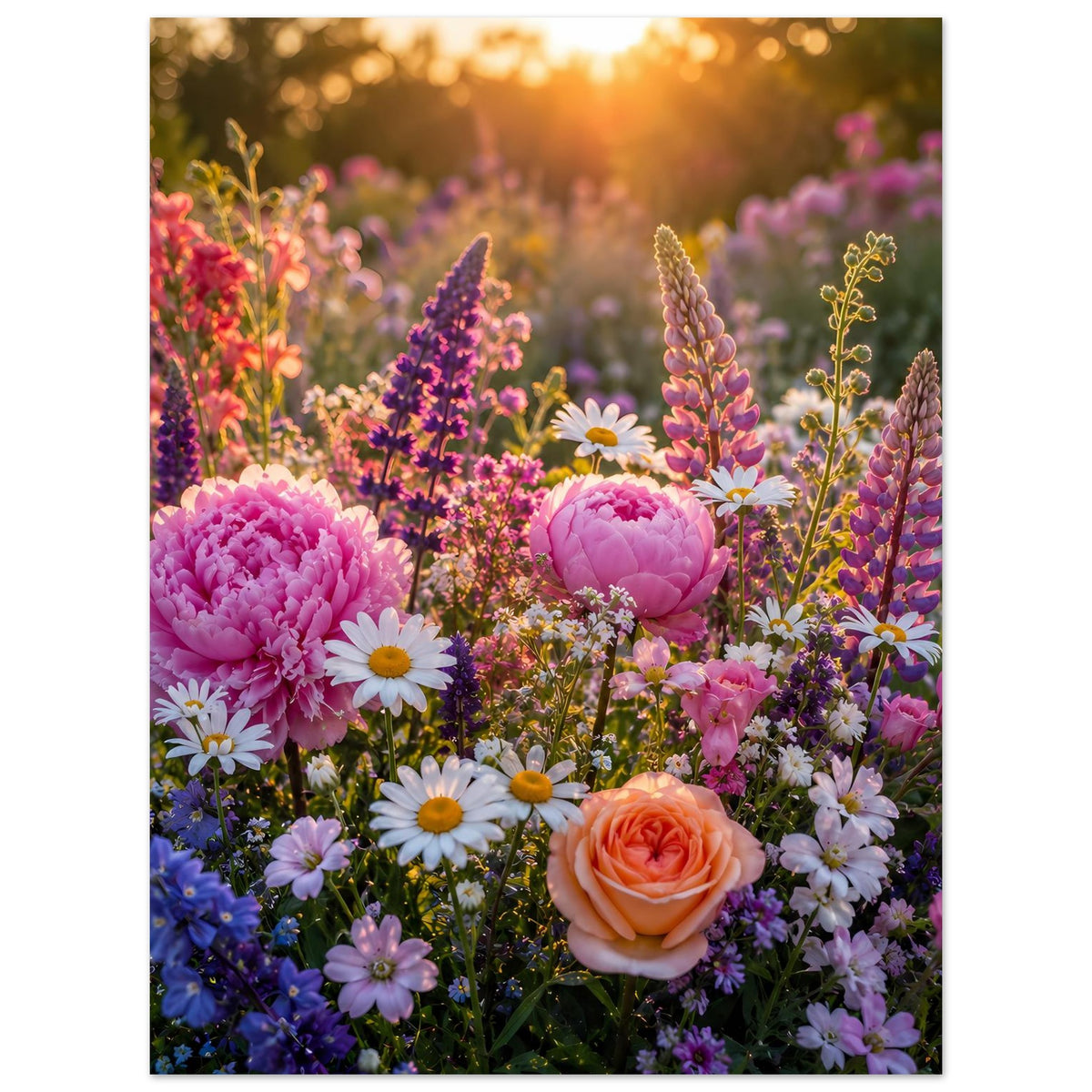 Blumenposter mit üppigem Strauß aus Pfingstrosen, Rosen und bunten Blüten im Sonnenlicht