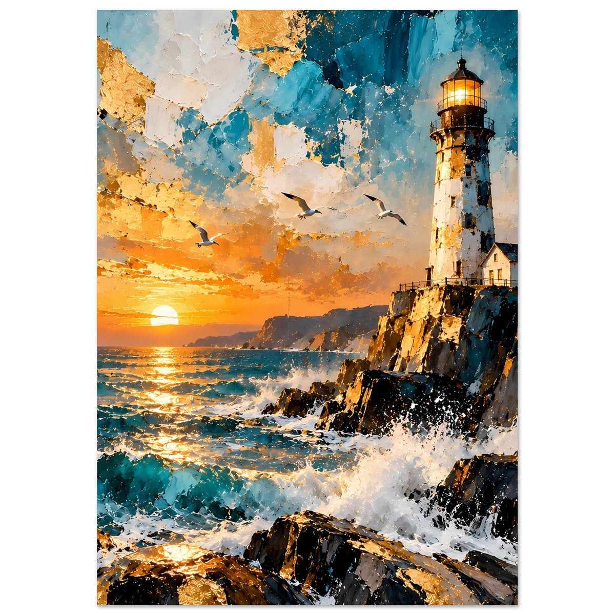 Vertikales Poster: Leuchtturm bei Sonnenuntergang, orange-blauer Himmel, Meer und Küstenfelsen mit Gischt