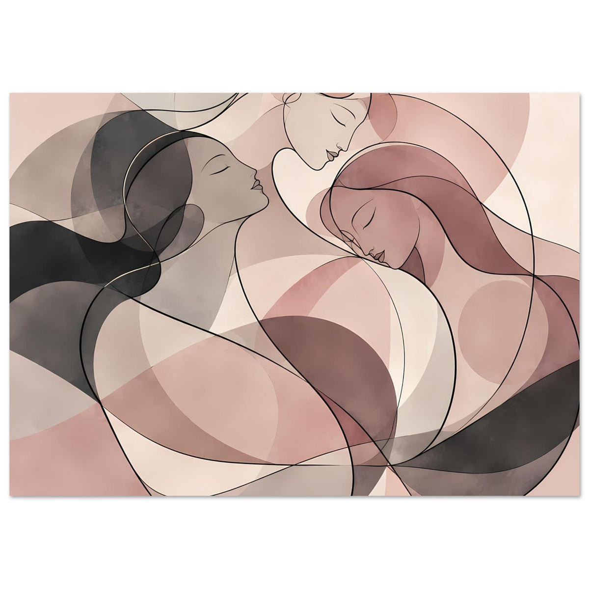 Abstraktes Poster mit drei Frauen in Rosé, Creme und Schwarz, ineinander verschlungen.