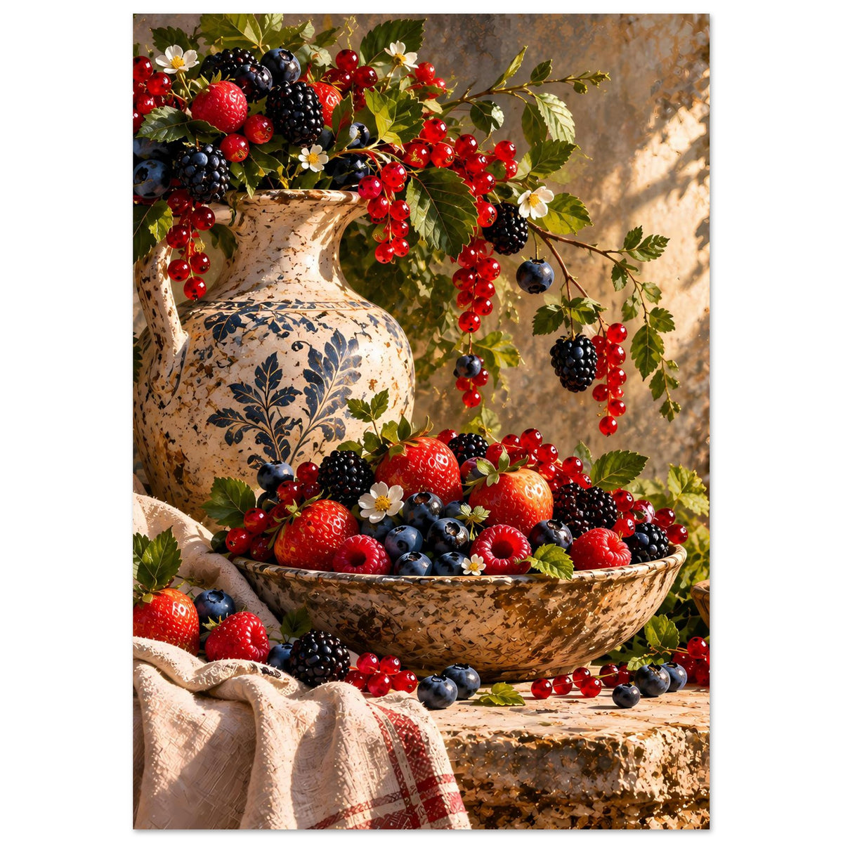 Poster mit Vase und Früchteschale voller Beeren, bunte Beeren an Zweigen im Hintergrund