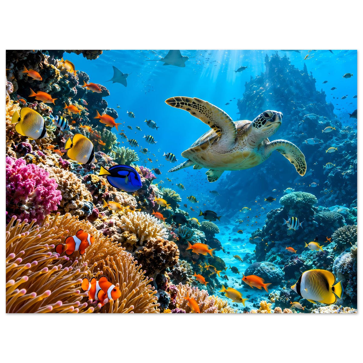 Meerposter: Schildkröte schwimmt durch blaues Wasser, Korallen und Fische